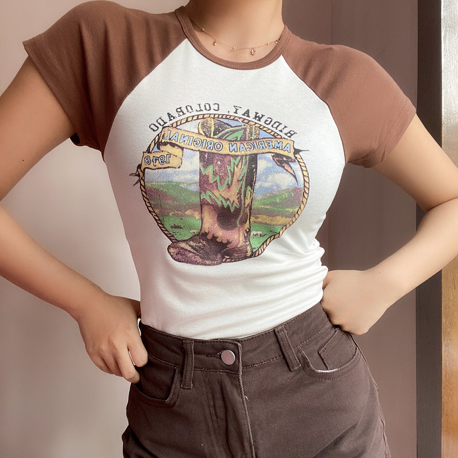 Retro Crew Neck Raglan Stitching Letter Print Short-sleeve T-shirt