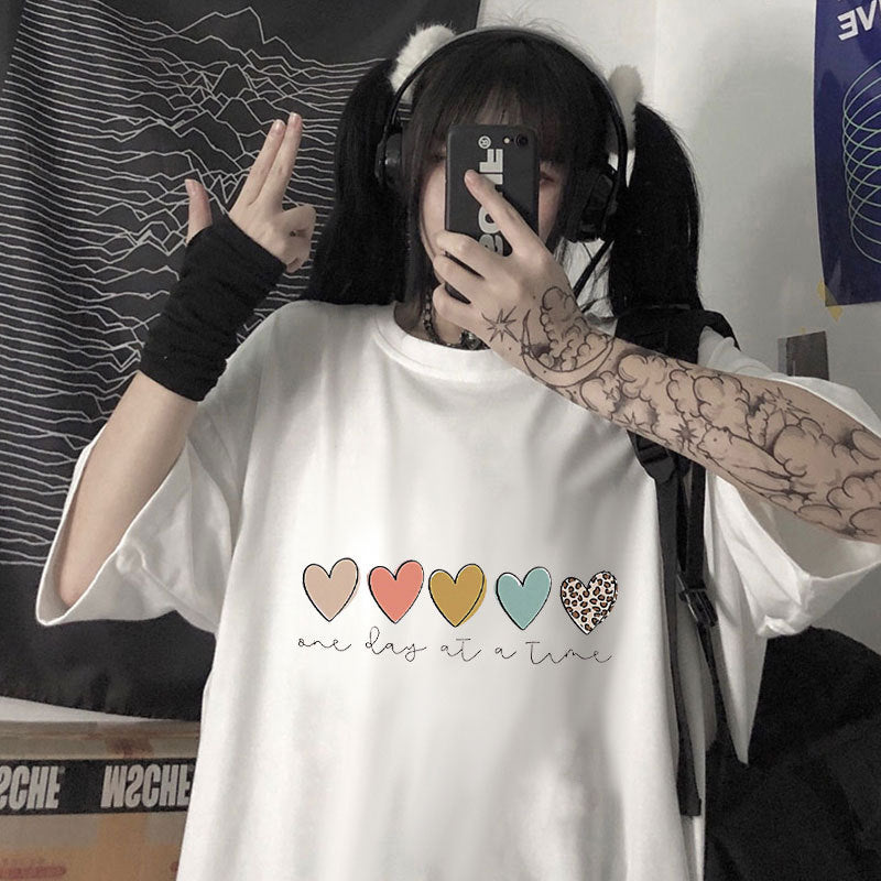 Round Neck Short Sleeve T-shirt Plus Size Loose Trendy Casual Print Top Youth Half Sleeve