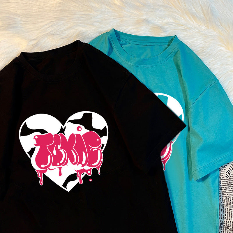 Womens Loose-Fit Heart-Print Short-Sleeve Top