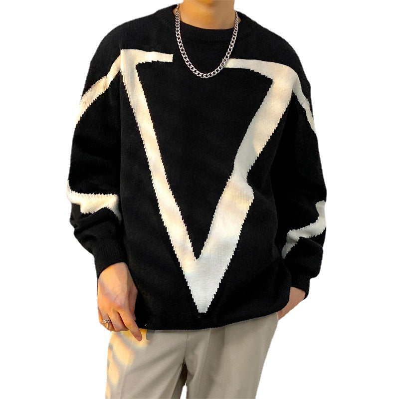 Men's Japanese Vintage Contrast Casual Versatile Round Neck Sweater