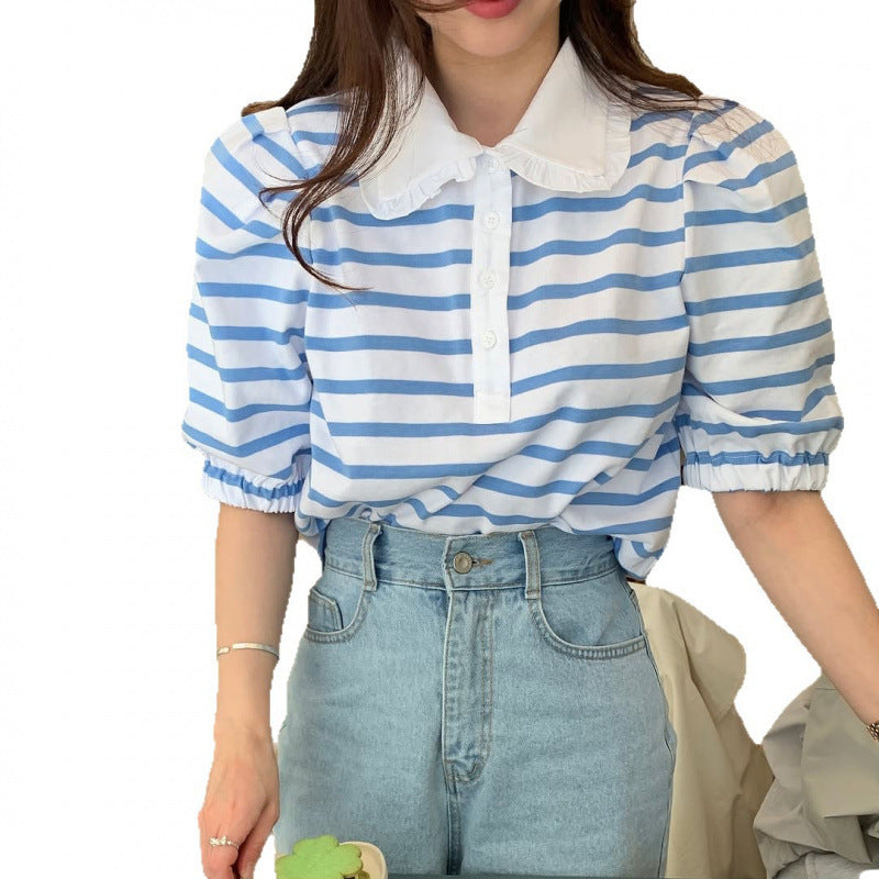 Youthful And Elegant POLO-collar Design Loose-fitting Versatile Short-sleeve Striped T-shirt