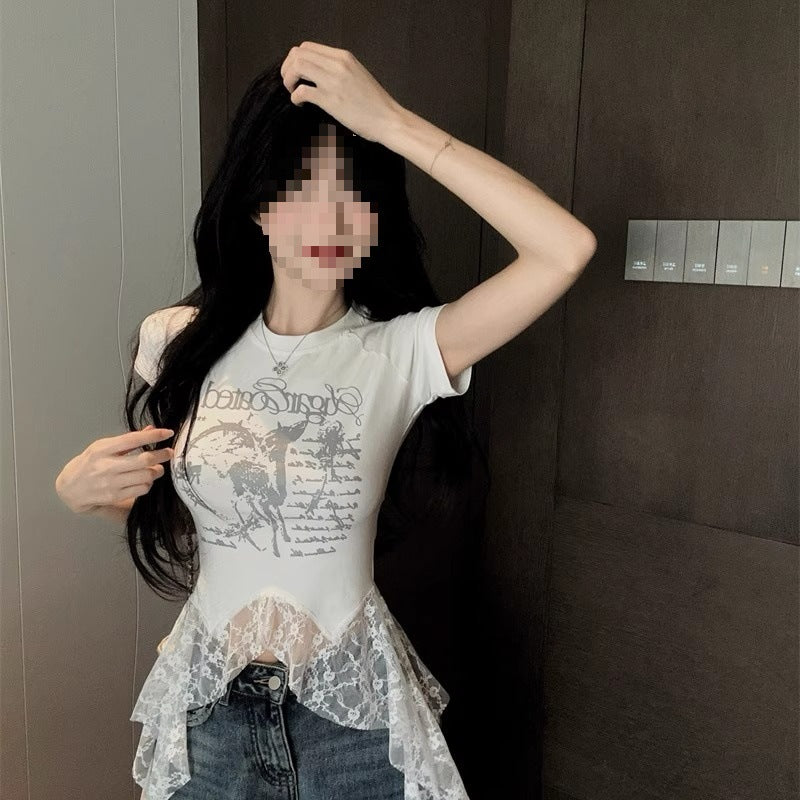 Lace-Panel American Chic Short-Sleeve Womens T-Shirt