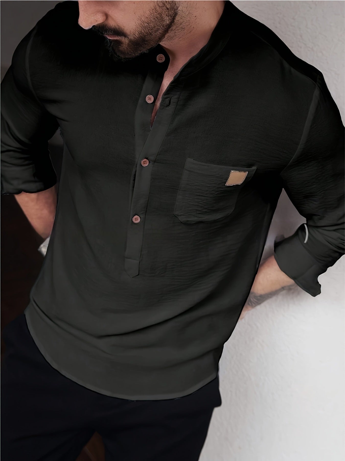 Mens Stylish Personalized Pleated Soft Skin-Friendly Long-Sleeve Shirt