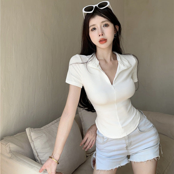 New Slimming Waist-cinching T-shirt With A Zipper And A Turn-down Collar Featuring Short Sleeves