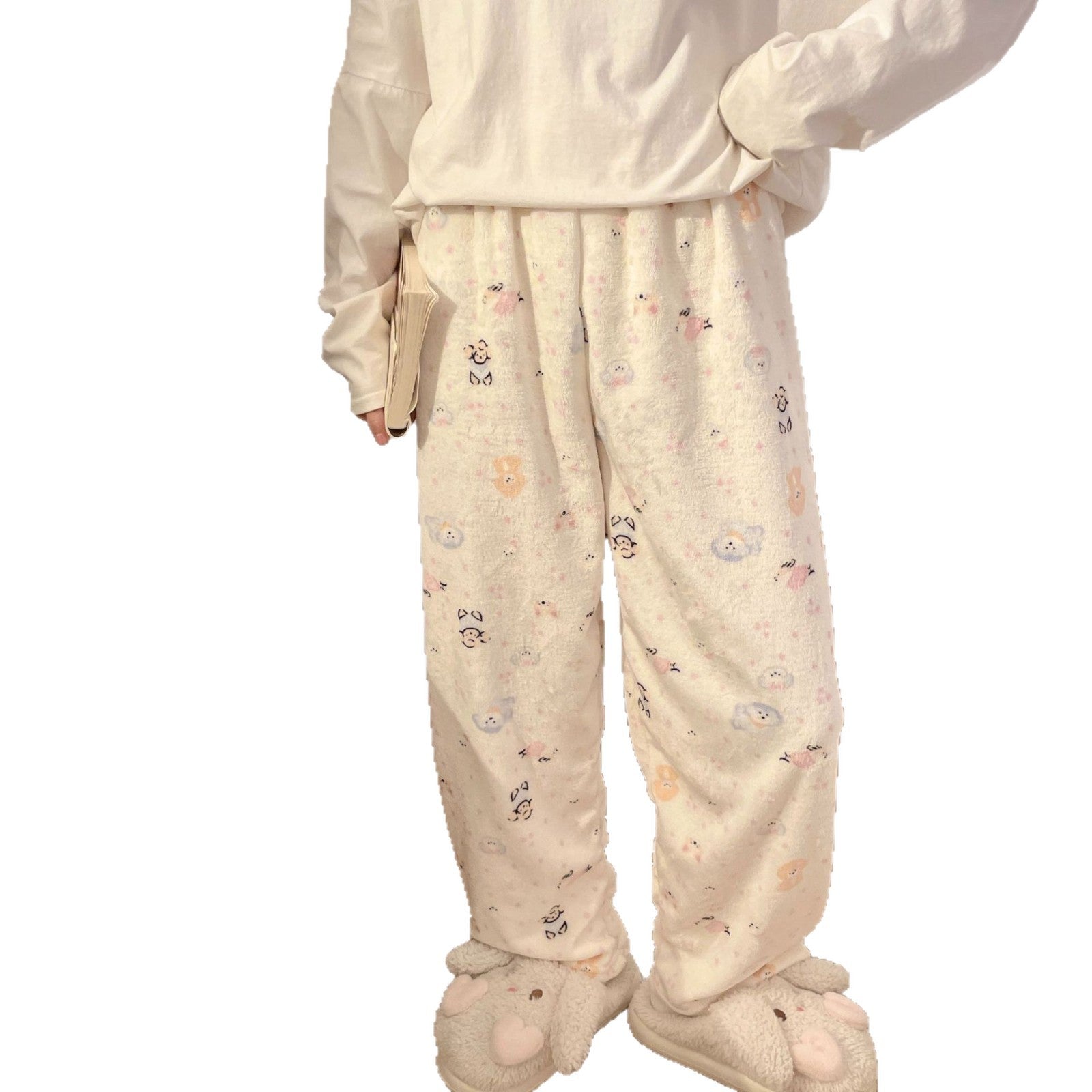 Flannel Pajamas Women Autumn Winter Fleece-lined Thickened Casual Cartoon Home Pants