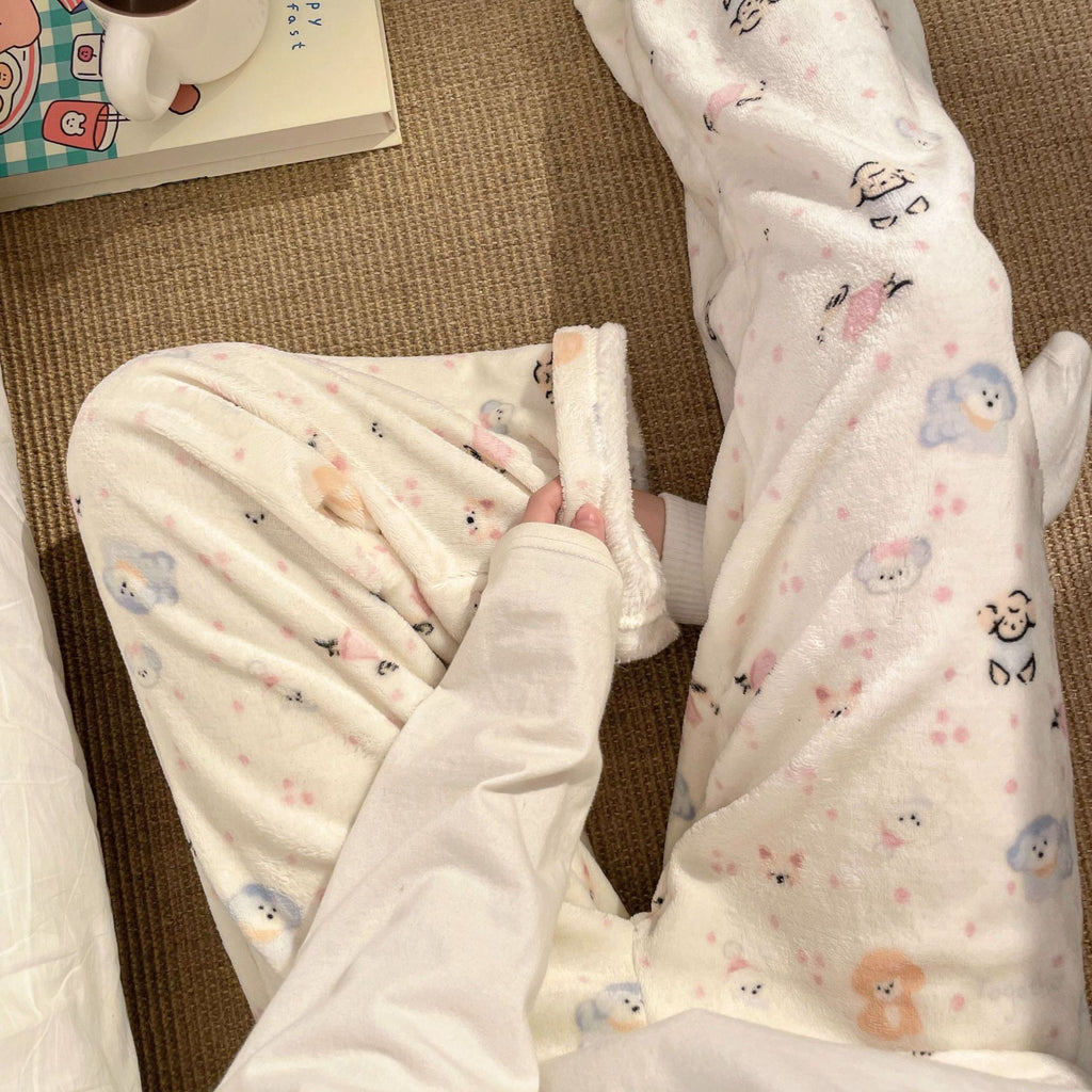 Flannel Pajamas Women Autumn Winter Fleece-lined Thickened Casual Cartoon Home Pants