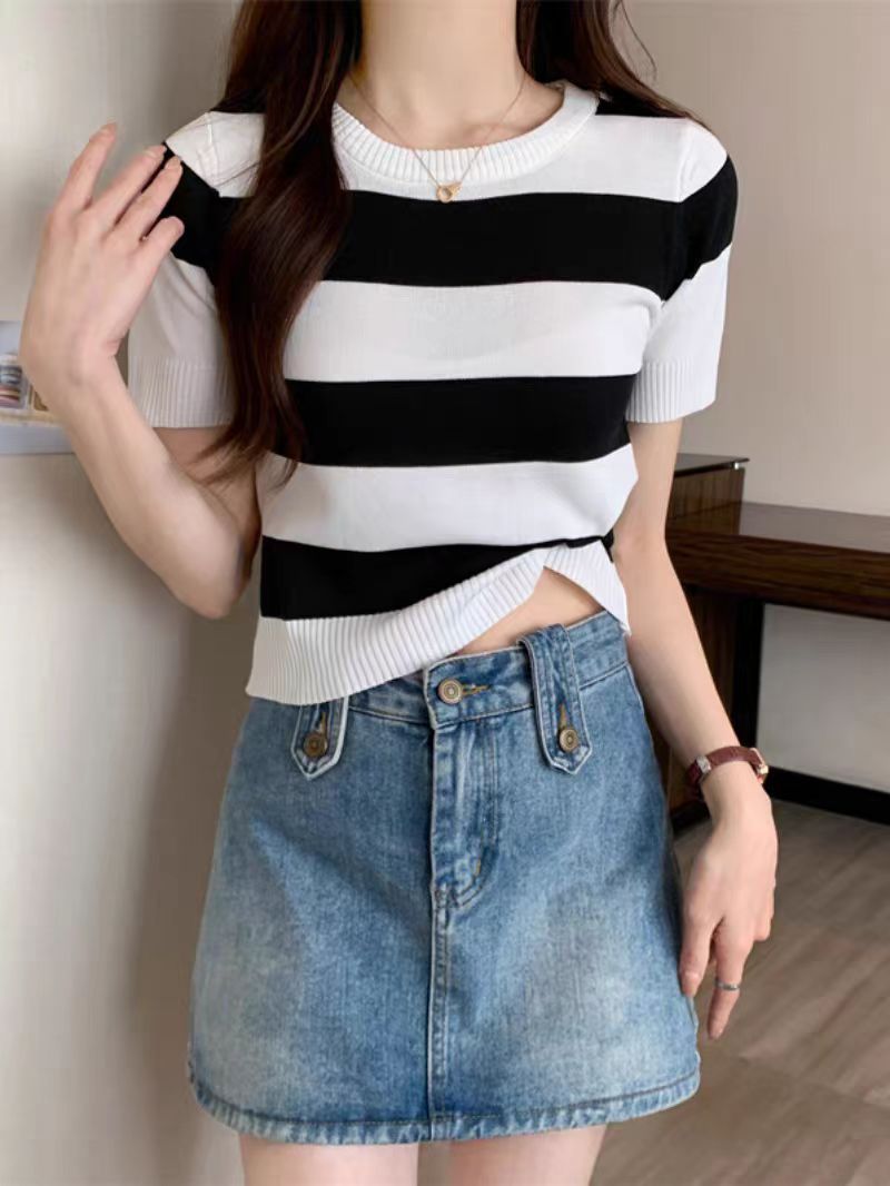 Summer New Striped Short Sleeve Women Slim Fit Slimming Top