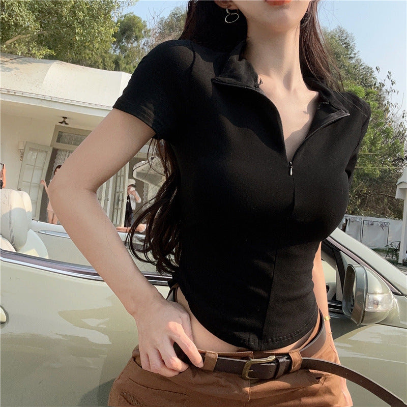 New Slimming Waist-cinching T-shirt With A Zipper And A Turn-down Collar Featuring Short Sleeves