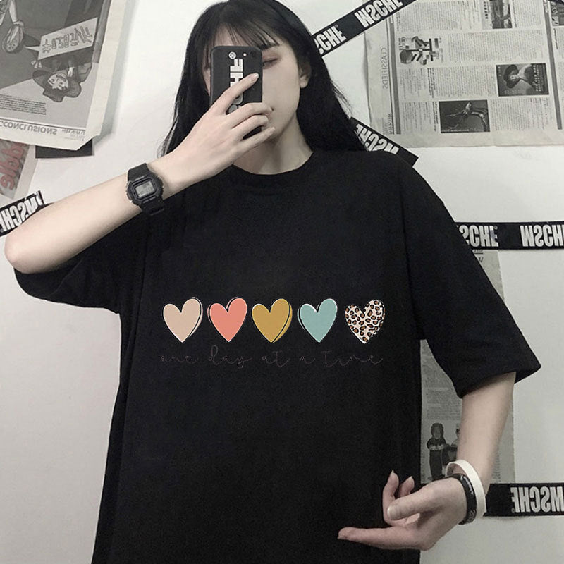 Round Neck Short Sleeve T-shirt Plus Size Loose Trendy Casual Print Top Youth Half Sleeve