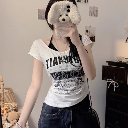 American-style Sweet Two-piece Look Contrast-color Short-sleeve T-shirt