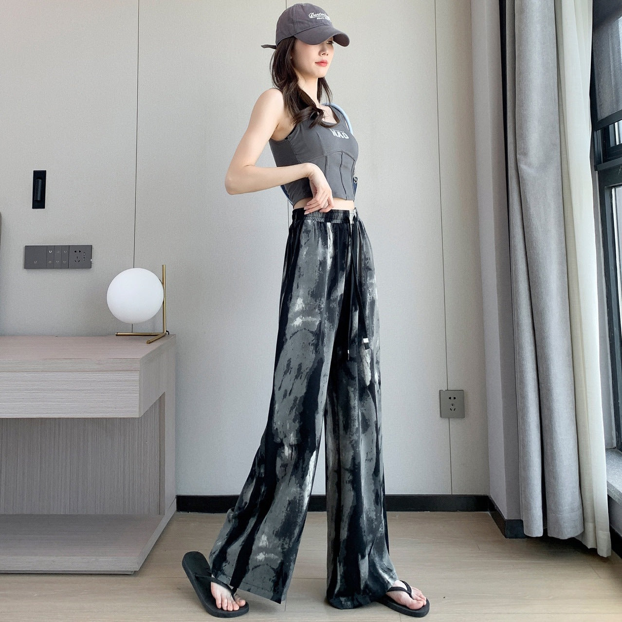 Tie-dyed Ink Painting Elastic High Waist Loose Casual Pants