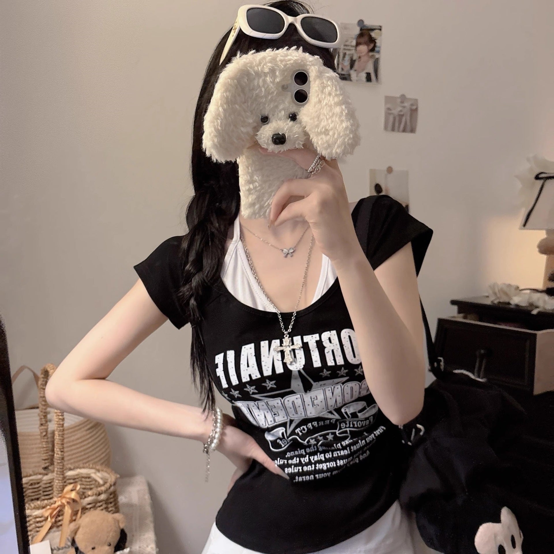 American-style Sweet Two-piece Look Contrast-color Short-sleeve T-shirt