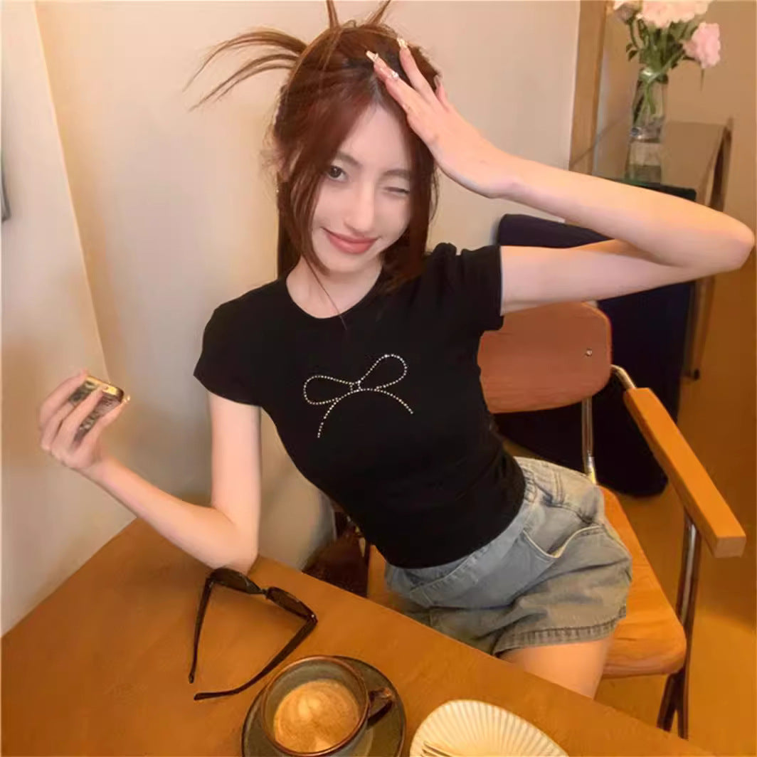 Summer American Hot Girl Short-sleeved T-shirt Navel Black Bow