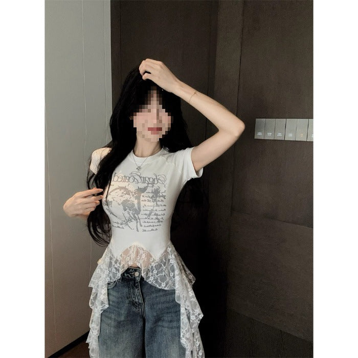 Lace-Panel American Chic Short-Sleeve Womens T-Shirt