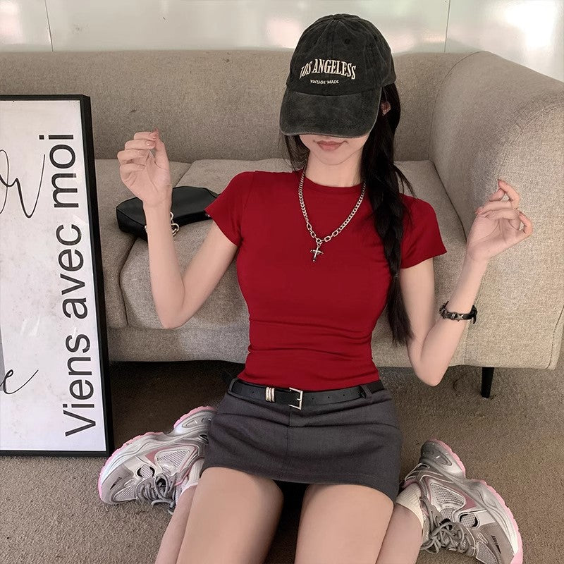 Tight Waist Shoulder T-shirt Top Short Sleeve