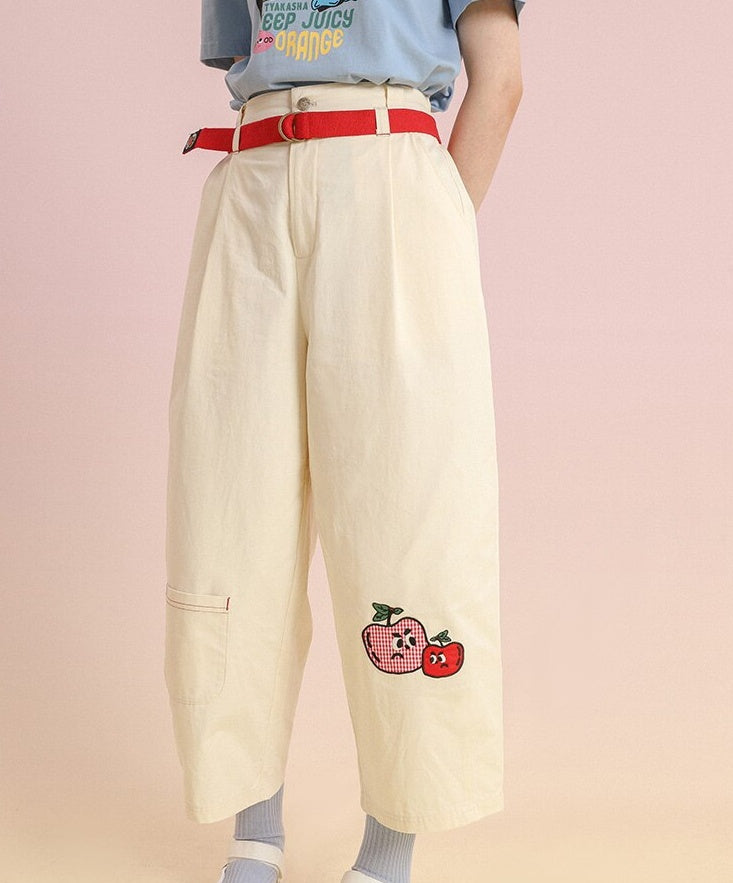 Fruit Embroidered Beige Bloomers Cropped Trousers