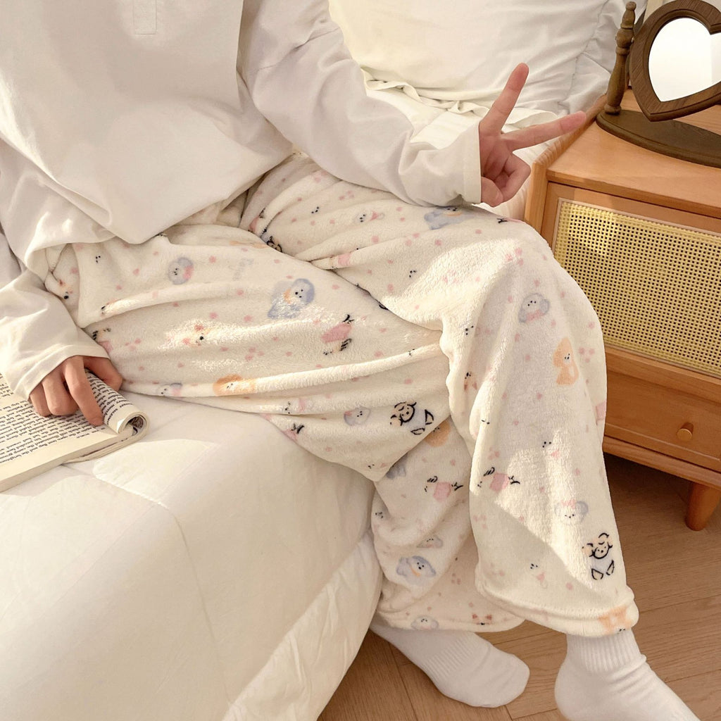 Flannel Pajamas Women Autumn Winter Fleece-lined Thickened Casual Cartoon Home Pants
