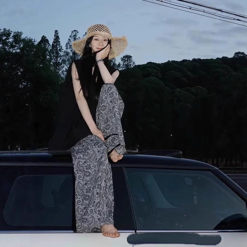 Floral High-waisted Wide-leg Pants Lightweight