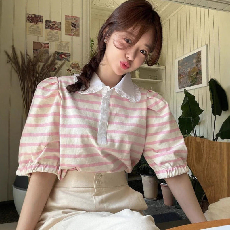 Youthful And Elegant POLO-collar Design Loose-fitting Versatile Short-sleeve Striped T-shirt